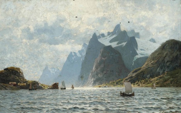 Fishing vessels on a Norwegian fjord by Adelsteen Normann